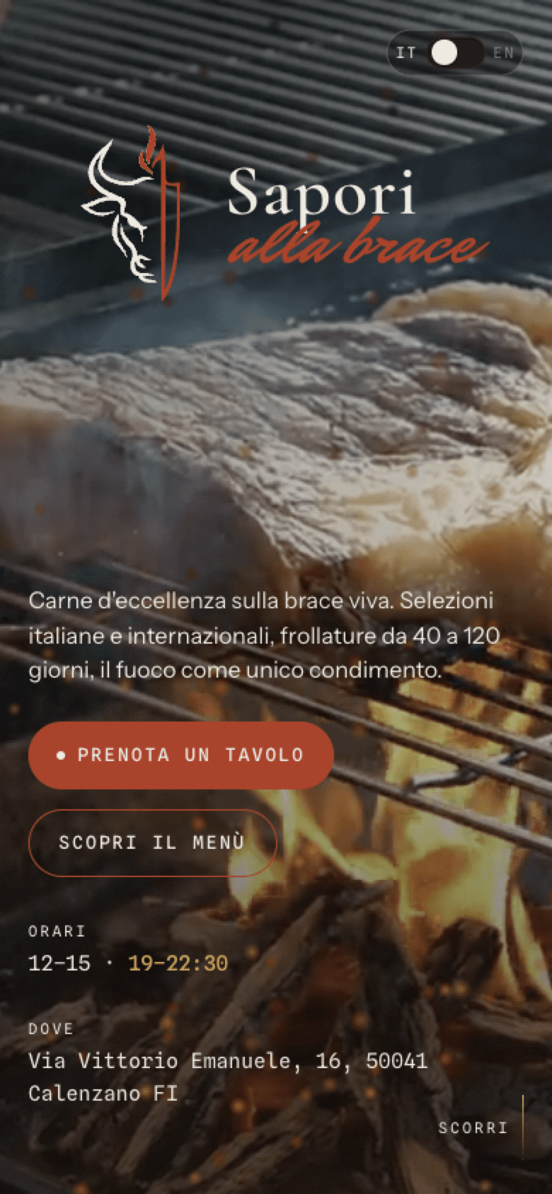 Screenshot mobile del sito Sapori alla brace